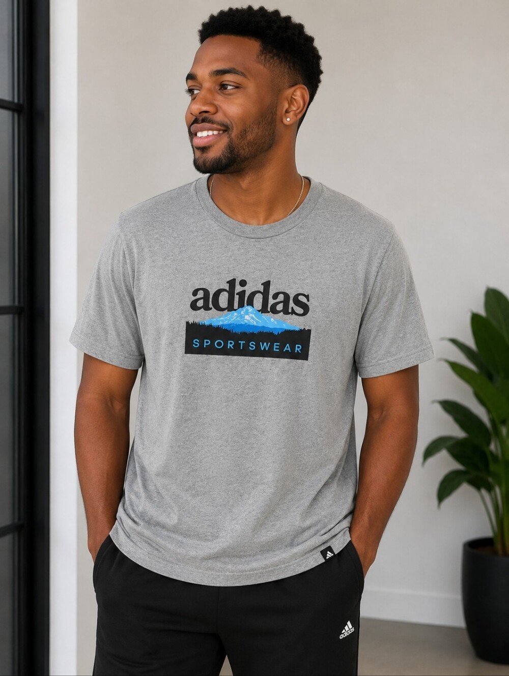 Adidas Gray Short Sleeve Sportswear Graphic Tee With Blue Mountain